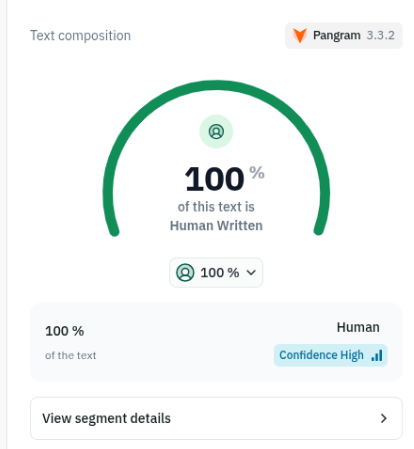 Pangram 100% Human Written, High Confidence